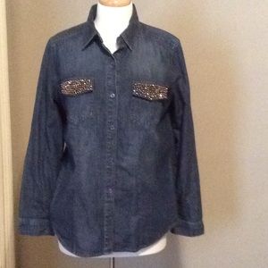EUC- Rhinestone Pocketed Long Sleeve Denim Shirt